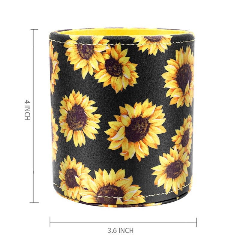 WAVEYU Pen Holder, Pencil Cup Desk for Women Girls, Luxury Makeup Brush Holder Large Pu Leather Multi-Functional Organizer Cup for Office, Classroom, Home, Sunflower - Image 3